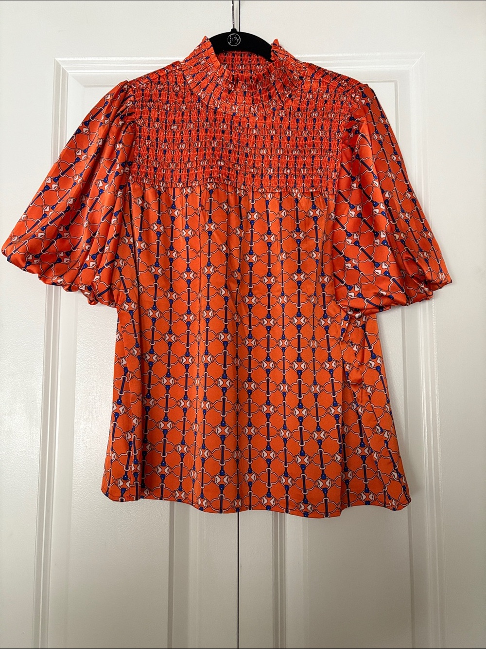 THML Orange Geometric Smocked Puff-Sleeve Blouse